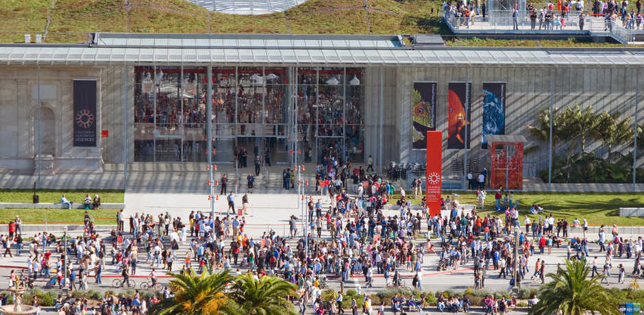 Aerial view of large crowd at Academy entrance on opening day in 2008