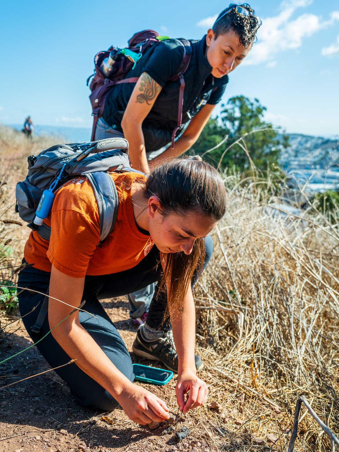 Urban ecologist Tali Caspi collects coyote scat on Bernal Hill while Christine Wilkinson looks on. Photo by Gayle Laird