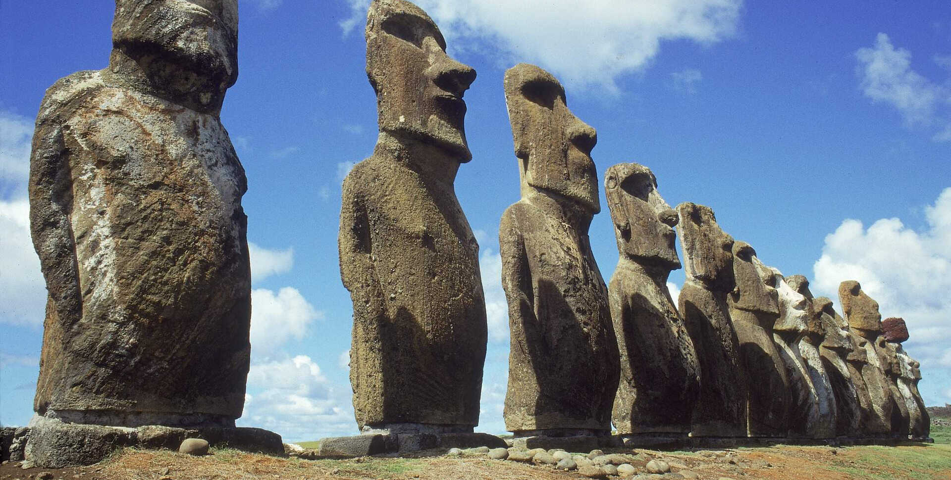 A dramatic row of moai sculptures on Easter Island (Rapa Nui)