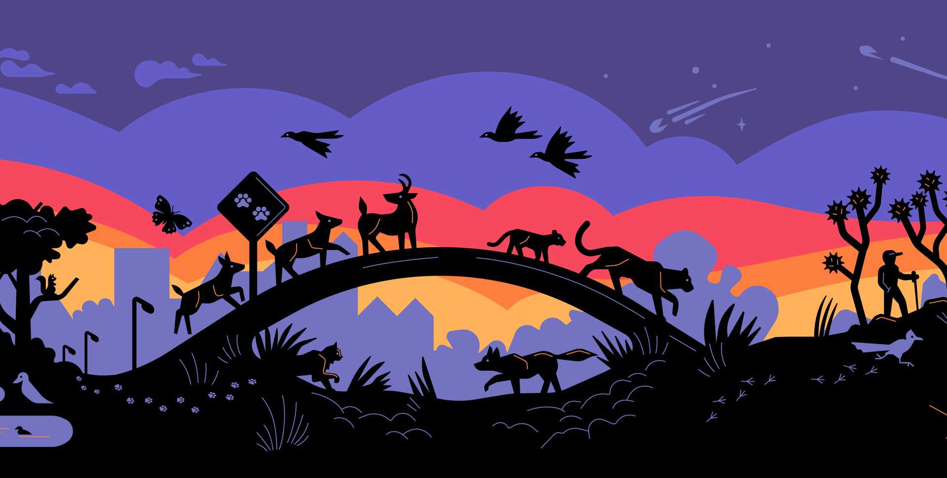 Colorful illustration of California wildlife and an urban skyline