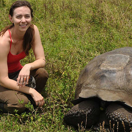 Historian Elizabeth Hennessy with Galápagos tortoise