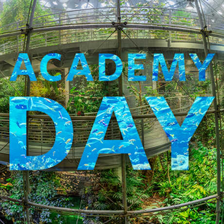 Academy Day wordmark with Osher Rainforest in the background