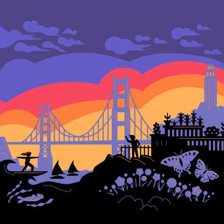 Colorful illustration of California wildlife and an urban skyline