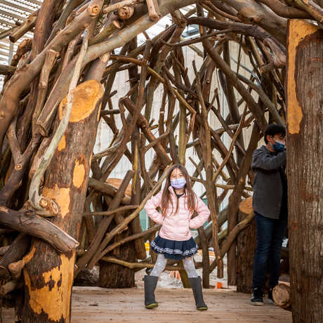 A masked girl stands inside the Nest structure made of interwoven branches in Wander Woods nature playspace at the Academy