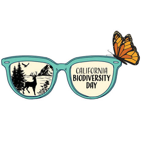 Logo for California Biodiversity Day featuring stylized eyeglasses with a monarch butterfly