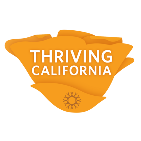 Thriving California initiative wordmark composed of an orange poppy blossom illustration