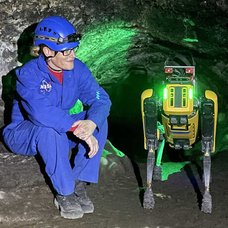 Dr. Blank and a SPOT robot that may one day explore the caves of Mars