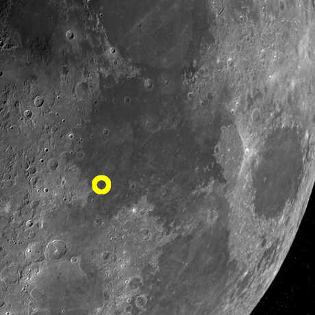 Photograph of Moon surface with Apollo 11 landing site circled in yellow