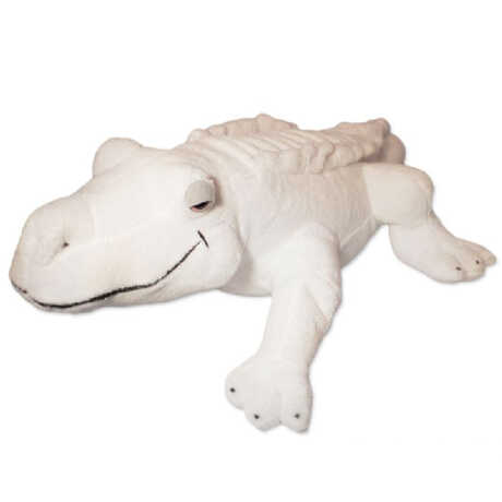 Plush stuffed animal of Claude the albino alligator