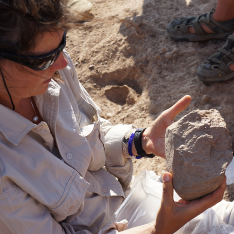 Scientist Sonia Harmand with tool evidence at site