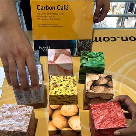 Weighted cubes showcase the relative carbon footprints of various foods.