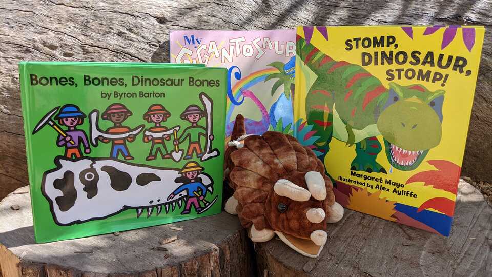 A triceratops puppet with 3 dinosaur childrens books in an outdoor space