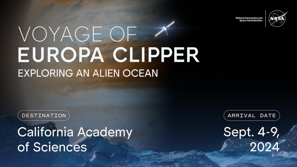 Promotional banner image for Voyage of Europa Clipper exhibit produced by NASA and JPL