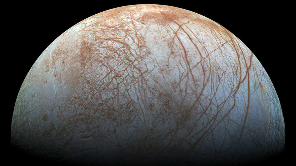 At about 3100 kilometers (1940 miles) wide, the jovian moon Europa has an underground ocean beneath a surface layer of ice.