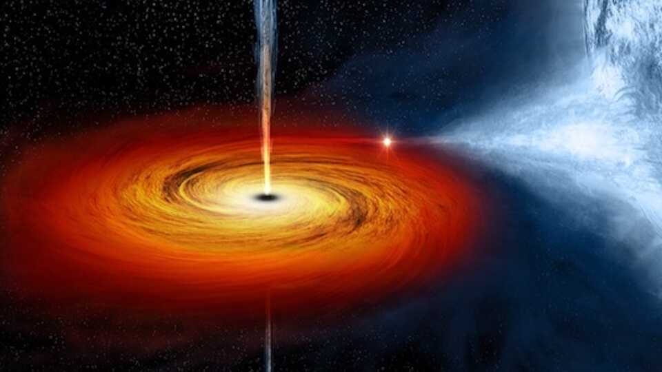 Artistic rendering of a black hole drawing material off a neighboring star.