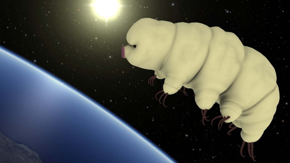 Artist rendering of giant tardigrade in Earth orbit