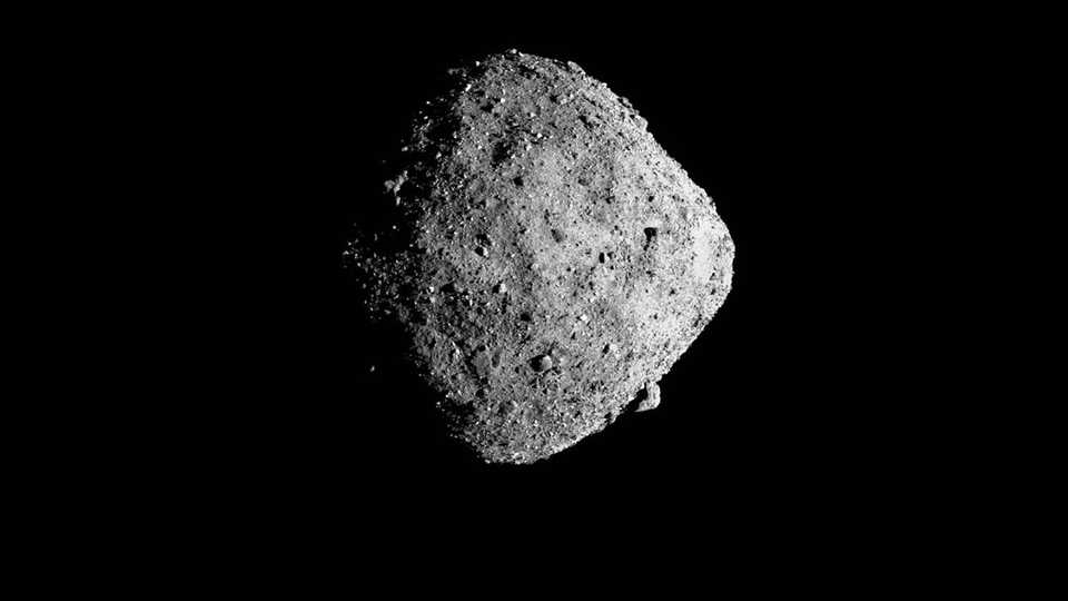 The 1700-foot wide asteroid Bennu as photographed from eight miles away by NASA's OSIRIS-REx spacecraft.