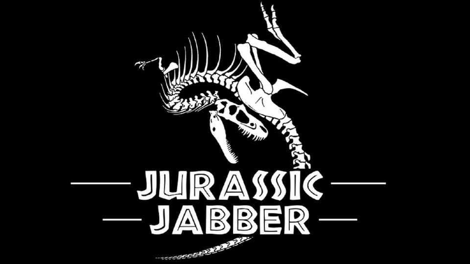 Jurassic Jabber logo with dinosaur skeleton in the background