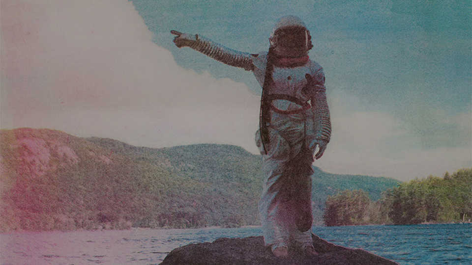 Illustration of astronaut in space suit standing in a lake